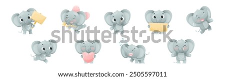 Funny Grey Elephant with Large Ear Flaps and Trunk Enjoying Different Activity Vector Set