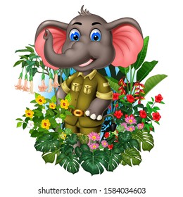Funny Grey Elephant With Tropical Plants Cartoon Set for your design
