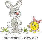 Funny grey hare and a freshly baked round loaf Kolobok talking on a path in a summer forest, vector cartoon illustration on a white background