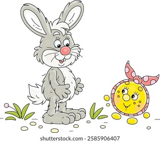 Funny grey hare and a freshly baked round loaf Kolobok talking on a path in a summer forest, vector cartoon illustration on a white background