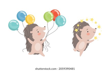 Funny Grey Hedgehog Carrying Bunch of Balloon Vector Set