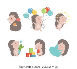 Funny Grey Hedgehog Character Enjoying Different Activity Vector Set