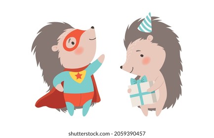 Funny Grey Hedgehog Holding Gift Box and Wearing Superhero Costume Vector Set