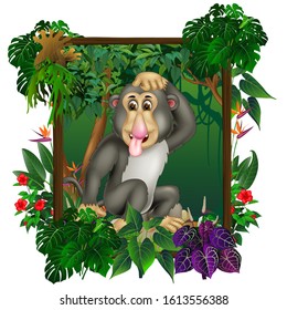 Funny Grey Monkey In Forest With Tropical Plant And Wood Square Frame Cartoon