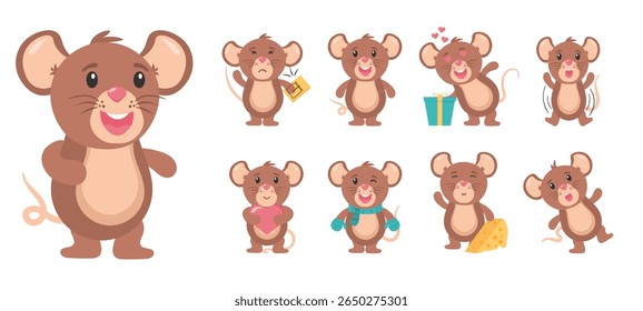 Funny grey mouse cartoon mascot with sweet cheese collection baby animal vector icon happy cute little wildlife pet flat design illustration tail smile character graphic drawing small cattle rat

