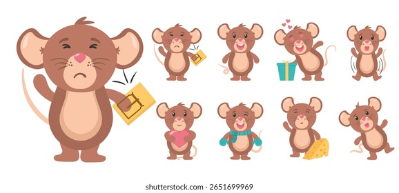Engraçado mascote cinza do rato do desenho animado com doce coleção de queijo ícone do vetor do bebê animal feliz bonito pequeno animal selvagem animal de estimação plano desenho cauda do desenho do sorriso do personagem desenho gráfico do pequeno rato de gado

