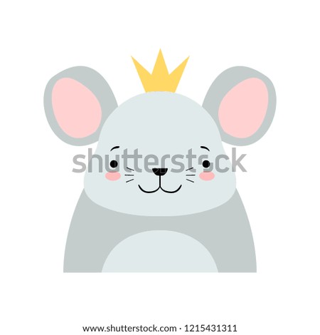 Funny grey mouse in golden crown, cute cartoon animal character avatar vector Illustration on a white background