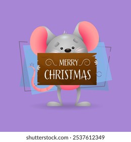 Funny grey mouse holding Merry Christmas banner. Wooden signage, wish, message. Christmas concept. Realistic vector illustration can be used for greeting cards, festive banner and poster design