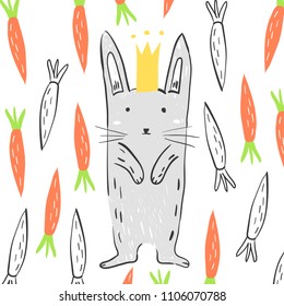 Funny grey rabbit in the crown surrounded by carrots. Illustration about animals for children design. Cartoon style. Happy bunny