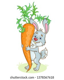 Funny grey rabbit hugs a big red carrot. In cartoon style. Isolated on white background. Vector illustration.