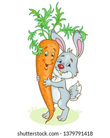 Funny grey rabbit hugs a big red smiling  carrot. In cartoon style. Isolated on white background. Vector illustration.