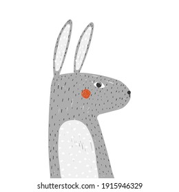 Funny grey rabbit. Kids simple graphic. Vector hand drawn illustration.