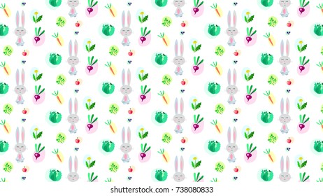 Funny grey rabbit pattern, who meditate about food: blueberries,dandelion,beet,apple,parsley,cabbage,carrot on white background.