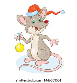 Funny  grey rat symbol of the New Year. In cartoon style. Isolated on white background. Vector illustration.