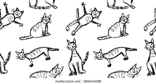 Funny grey tabby cat seamless pattern. Wax crayon like child`s hand drawn cute kitten clip art set. Pastel chalk or pencil kids line art stroke sitting, flying cats. Vector artistic doodle simple pets