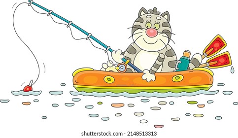 Funny grey-striped cat fisherman sitting in an inflatable boat with a fishing-rod on a small lake in countryside on summer vacation, vector cartoon illustration isolated on a white background