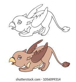 Funny griffin, linear and color vector drawings.