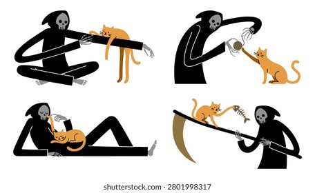 Funny grim reaper and cat set with death playing yarn, cuddling kitten, cat sleeping on reaper and balancing on scythe with fish bone for dark humor Halloween pet concept. Flat vector illustration