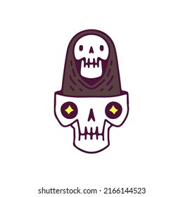 Funny grim reaper character inside skull head, illustration for t-shirt, sticker, or apparel merchandise. With cartoon style.