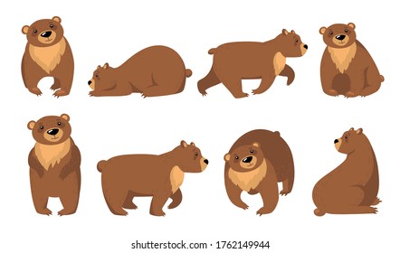 Funny Grizzly Bears Flat Icon Set. Cartoon Cute Brown Bear Standing, Sitting, Walking Isolated Vector Illustration Collection. Wildlife And Animals Concept