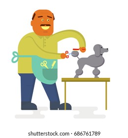Funny Groomer character shears cute dog character. Vector flat cartoon illustration
