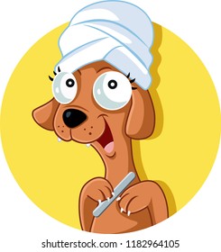 Funny Grooming Dog Salon Vector Mascot. Hilarious cute clean doggie doing his manicure
