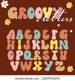  funny groovy alphabet letters font 70s retro Inspirational slogan print with hippie for graphic tee t shirt or logo. .Vector illustration