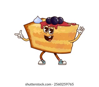 Funny groovy cake character. Isolated cartoon vector slice of biscuit dessert retro personage with layered body, topped with whipped cream, jam and black currant berries, wears big smile and sneakers