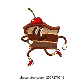 Funny groovy cake dessert character with glossy chocolate glaze, porous biscuit and red cherry on top. Cartoon vector playful and charming brownie tart, sweet food treat retro hippie y2k personage