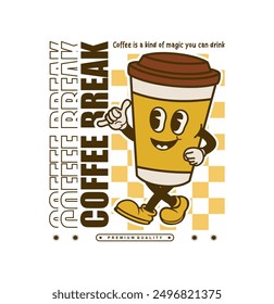 Funny and groovy cartoon character of coffee cup. design can be used as t shirt design, sticker, poster, print and apparel design. groovy vector illustration in retro style