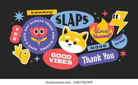 Funny groovy cartoon character stickers, label, patch collection with gen z millenials slang words y2k style