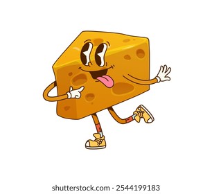 Divertido personaje de queso de dibujos animados groovy con cara funky y sonrisa, emoji de cómic retro de Vector. Pieza de queso Groovy con agujeros y la lengua deliciosa o tonta fuera de la emoción para el personaje hippie de dibujos animados retro