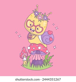 Funny groovy character snail hippy. Comic insect kawaii on power mushroom in trendy retro style. Vector illustration in 70s style