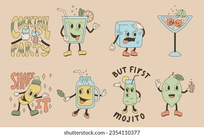 Funny groovy characters, glasses with alcoholic cocktail, mojito, juice, lemonade. Set of vector old cartoon retro illustrations.