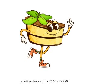 Funny groovy cheese cake dessert character. Holiday sweet food funny character, restaurant sweet pastry or cafe dessert childish retro groovy vector mascot. Cake or pie piece comical cartoon personage