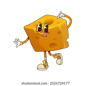 Funny groovy cheese character. Cartoon vector yellow piece of cheese, playful dairy product, retro personage with a silly expression, scratching head and showing its tongue, conveys fun and energy