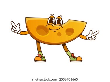 Funny groovy cheese piece character. Edam dairy product, camembert hard cheese slice or cheddar dairy food chunk funny groovy vector character, parmesan piece cheerful isolated cartoon personage