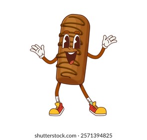 Funny groovy cookie and bakery character with expressive face, wearing vintage shoes and waving hands joyfully. Cartoon vector fun and playful baking food personage bringing happiness and amusement