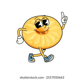 Funny groovy cookie dessert character. Isolated cartoon vector amusing, happy pastry bakery personage wearing hippie sneakers, pointing finger up with cheerful expression, exuding fun and quirky vibes