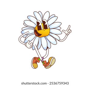 Engraçado groovy daisy camomile flor personagem alegremente passeando em tênis retro, exala alegria, positividade e vibrações hippie de verão brincalhão. Cartoon vetor hippie camomila flor personagem apontando