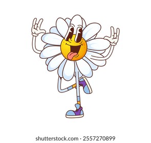 Funny groovy daisy chamomile flower character with happy silly face, vector emoji. Groovy daisy chamomile flower character in retro cartoon in hipster shoes with freaky crazy smile and tongue out