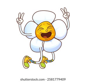 Funny groovy daisy chamomile flowers character. Hippie chamomile cartoon isolated vector mascot, blooming plant happy character. Summer daisy flower hippie personage jumping, shoving peace hand sign