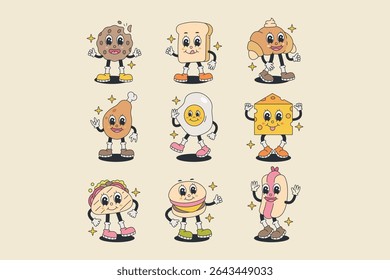 Funny Groovy Food Character Icon Set