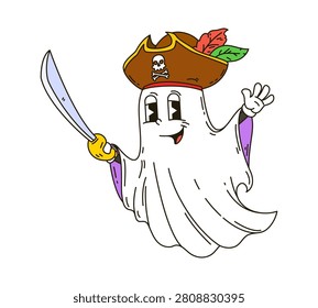 Funny groovy Halloween ghost pirate character in captain tricorn hat with skull emblem. Retro Halloween spirit holding sword and smiling. Vector funky personage for Halloween party decor