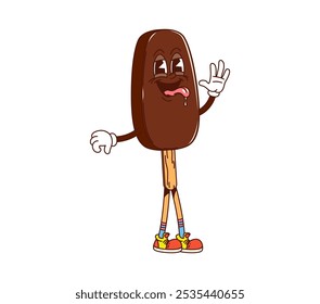 Funny groovy ice cream eskimo hippie sweet dessert character with funky vibe. Isolated cartoon vector comic popsicle icecream with chocolate glaze and dripping saliva. Trendy summer dessert personage