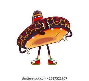 Engraçado personagem mexicano de chapéu sombrero groovy. Vetor de desenhos animados isolado alegre, personagem de boné charro com grande sorriso, usando tênis, e de pé com confiança, simbolizando diversão e celebração cultural