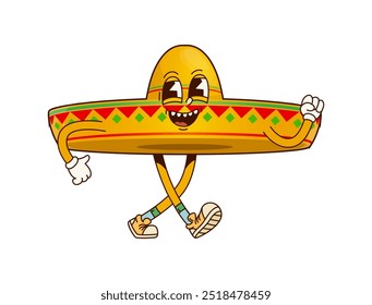 Divertido sombrero sombrero mexicano groovy carácter. Gorra de mariachi o latino de Vector de dibujos animados aislados con una amplia sonrisa, pavoneándose con confianza, usando zapatillas de deporte y exudando una energía juguetona y celebratoria