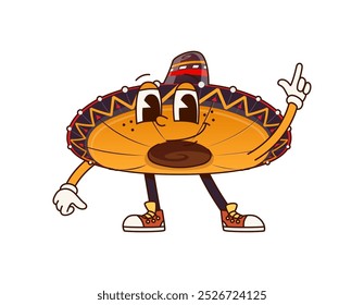 Divertido sombrero sombrero mexicano groovy personaje con expresión alegre apuntando hacia arriba con la mano. Gorra de mariachi de dibujos animados con zapatillas de deporte retro, exudando energía lúdica de diversión, cultura latina y celebración