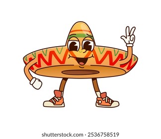 Divertido sombrero sombrero mexicano groovy carácter. Cultura hispana amigo hombres sombrero ancho aislado personaje de Vector de dibujos animados. México mariachi músico sombrero groovy carácter que muestra la señal de la mano de la victoria