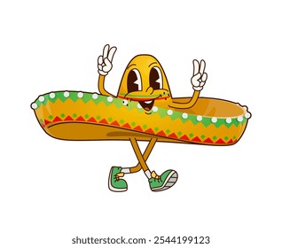 Funny groovy Mexican sombrero hat character with funky face and hippie peace sign gesture, vector emoji. Groovy Mexican sombrero character in retro comic cartoon with happy smile for fiesta party